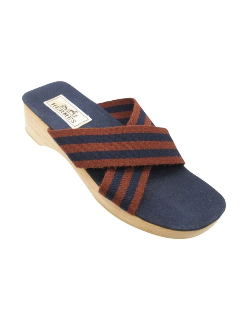 Hermes Sandals Fourre Tout Canvas Wood Sole Mules Navy Brown